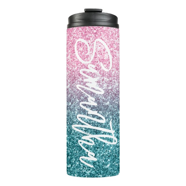 Sparkly Luxury Light Pink Teal Ombre Glitter Thermal Tumbler (Front)