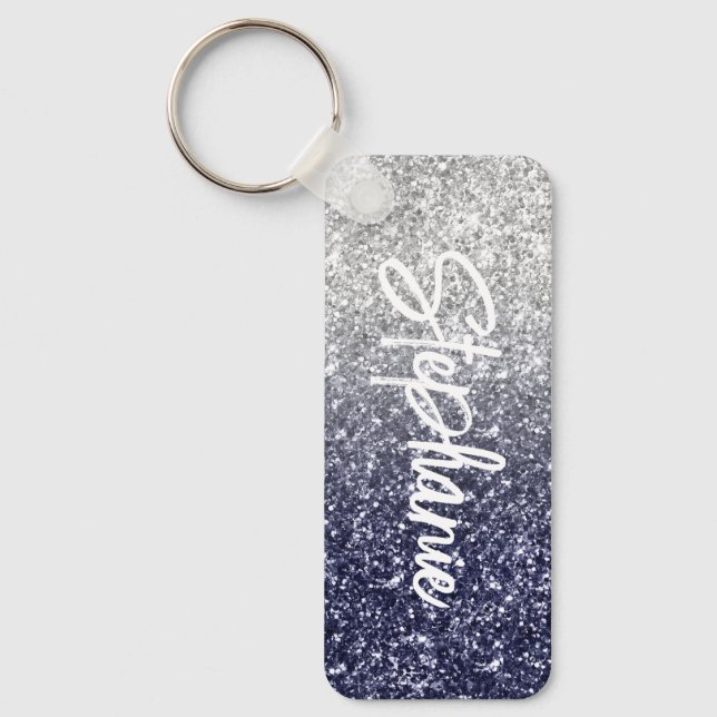 Sparkly Luxury Silver Navy Ombre Glitter Key Ring (Front)