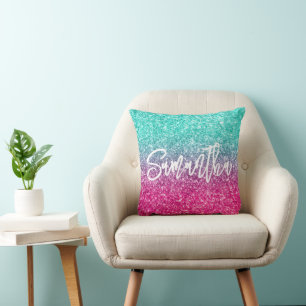 Sparkly Luxury Turquoise Hot Pink Ombre Glitter Cushion