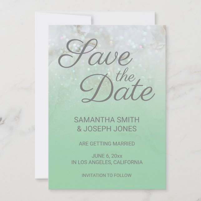 Sparkly Marble Mint Green Ombre Save the Date Invitation (Front)