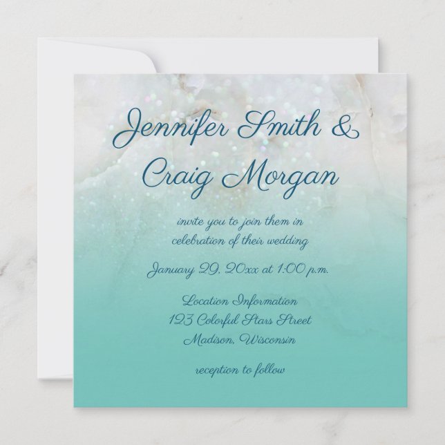 Sparkly Marble Teal Ombre Wedding Invitation (Front)