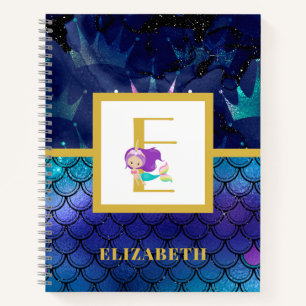 Sparkly Mermaid Scales Unicorn Horn Monogram Notebook