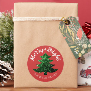 Sparkly Merry bright Christmas tree Custom name  Classic Round Sticker