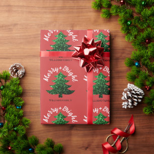 Sparkly Merry Bright Christmas tree Custom name Wrapping Paper