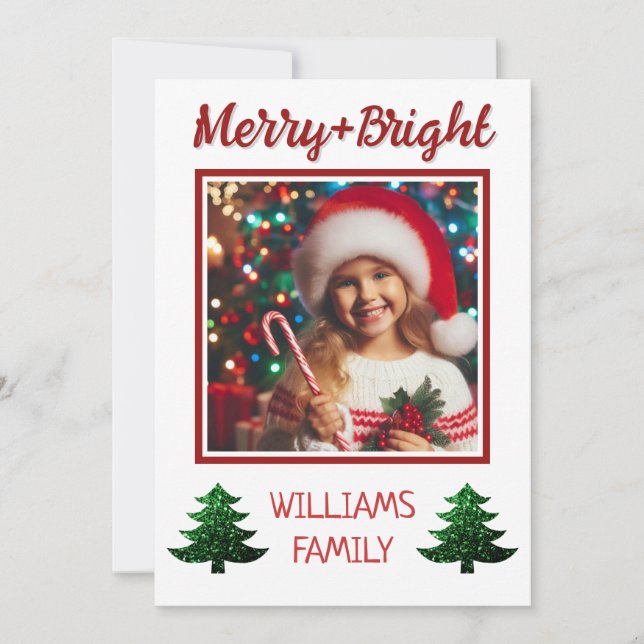 Sparkly Merry bright Christmas tree Custom photo Holiday Card (Front)