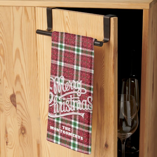 Sparkly Merry Christmas Plaid Family Name Tea Towel (Thirds Fold)