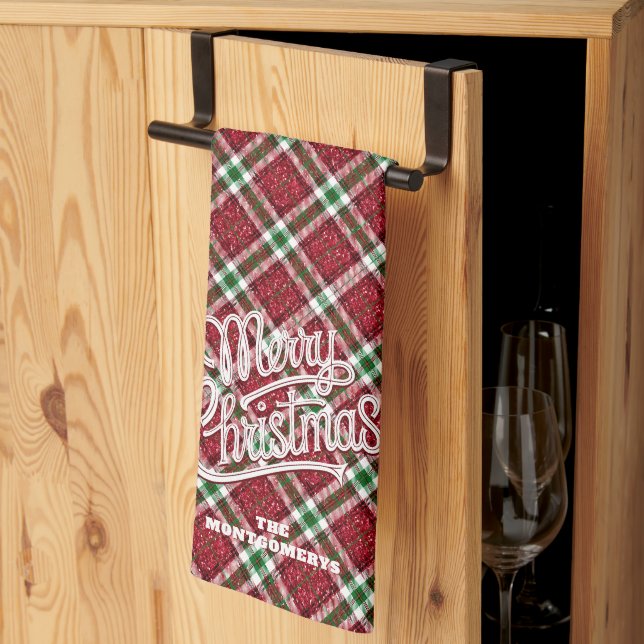 Sparkly Merry Christmas Plaid Family Name Tea Towel (Thirds Fold)