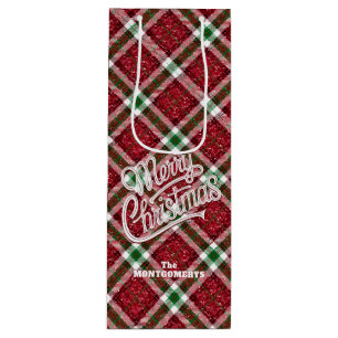 Sparkly Merry Christmas Plaid Wine Gift Bag