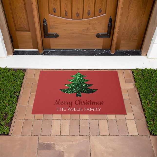 Sparkly Merry Christmas tree Custom Family name  Doormat (Outdoor)