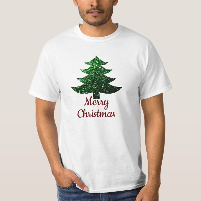 Sparkly Merry Christmas tree green custom text T-Shirt (Front)