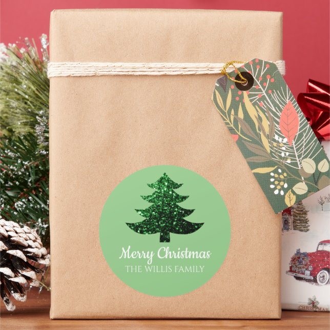 Sparkly Merry Christmas tree green Family name Classic Round Sticker (Holiday)