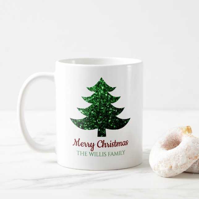 Sparkly Merry Christmas tree green Family name  Coffee Mug (With Donut)