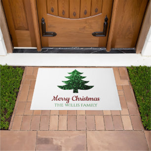 Sparkly Merry Christmas tree green Family name  Doormat