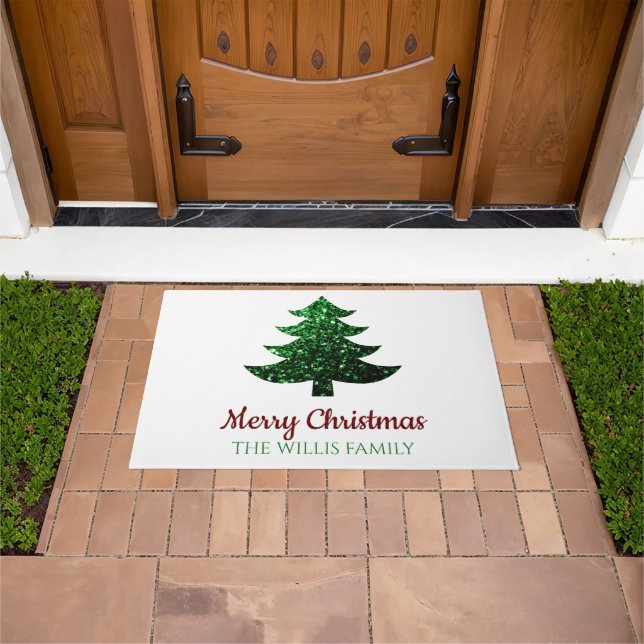 Sparkly Merry Christmas tree green Family name  Doormat (Outdoor)