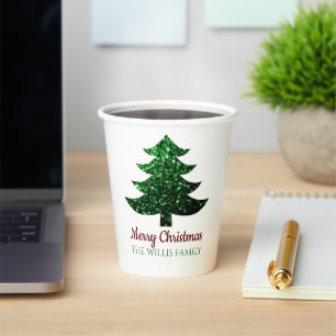 Sparkly Merry Christmas tree green Family name Paper Cups