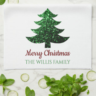 Sparkly Merry Christmas tree green Family name  Tea Towel