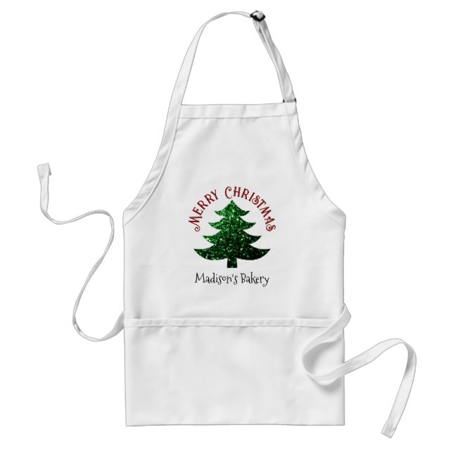 Sparkly Merry Christmas tree Personalise name Standard Apron (Front)