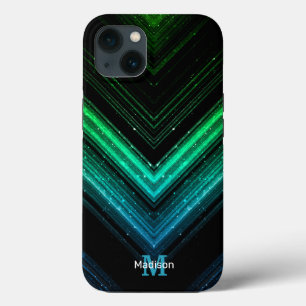 Sparkly metal aqua green galaxy chevron Monogram iPhone 13 Case