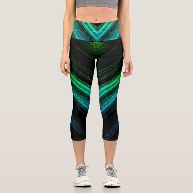 Sparkly metallic aqua green galaxy chevron lines capri leggings (Front)