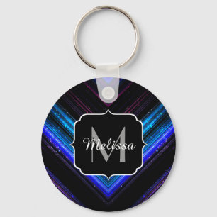 Sparkly metallic blue purple chevron Monogram Key Ring