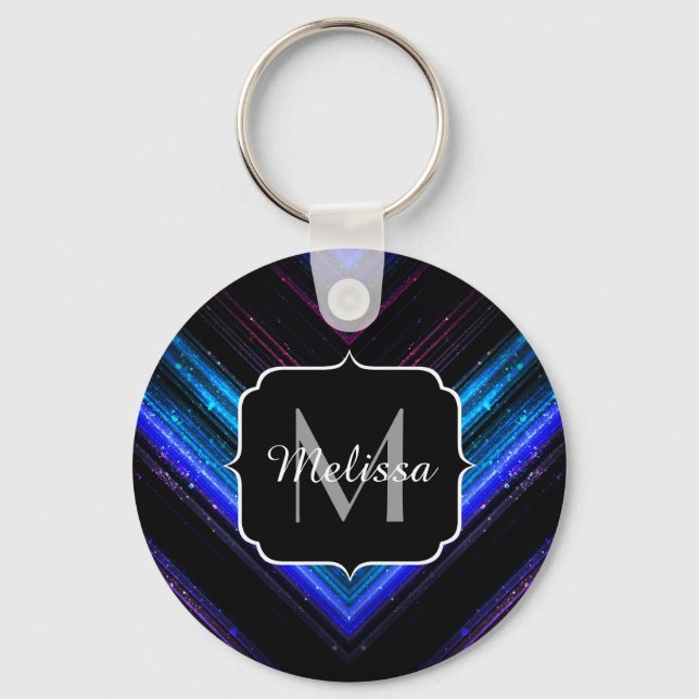 Sparkly metallic blue purple chevron Monogram Key Ring (Front)