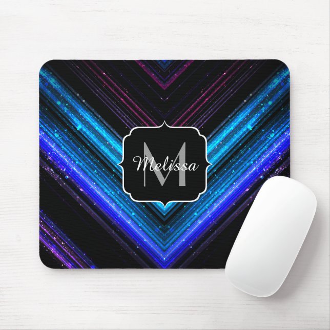 Sparkly metallic blue purple chevron Monogram Mouse Pad (With Mouse)