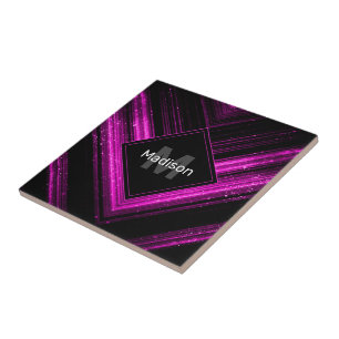 Sparkly metallic hot pink black chevron Monogram Ceramic Tile