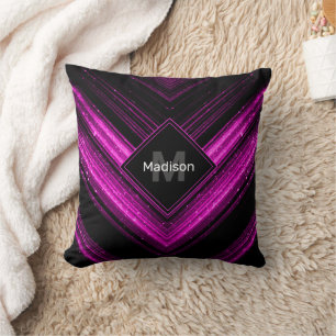 Sparkly metallic hot pink black chevron Monogram Cushion