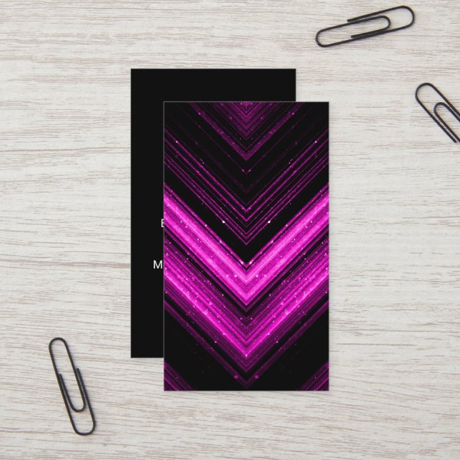 Sparkly metallic hot pink magenta black chevron business card (Front/Back In Situ)