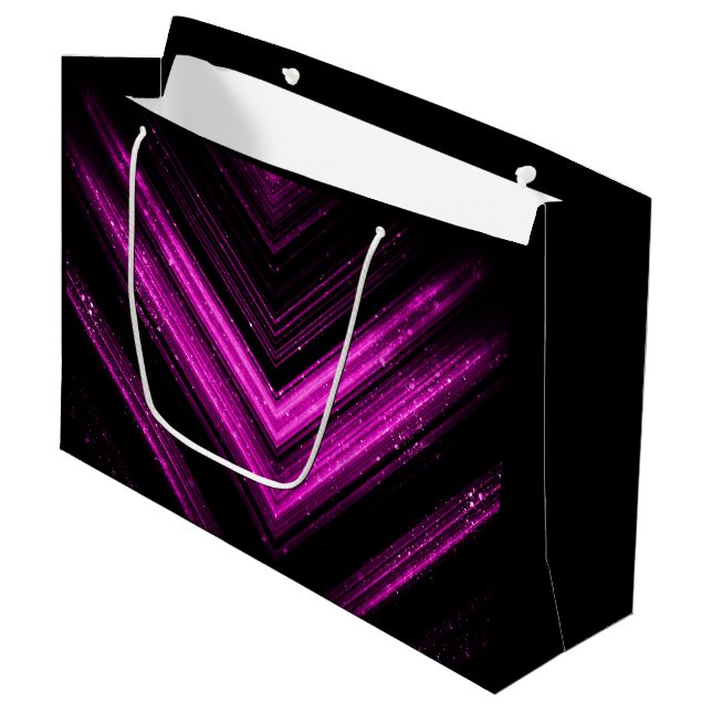 Sparkly metallic hot pink magenta black chevron large gift bag (Front Angled)