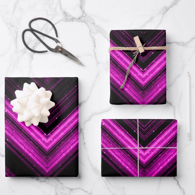 Sparkly metallic hot pink magenta black chevron wrapping paper sheet (Front)