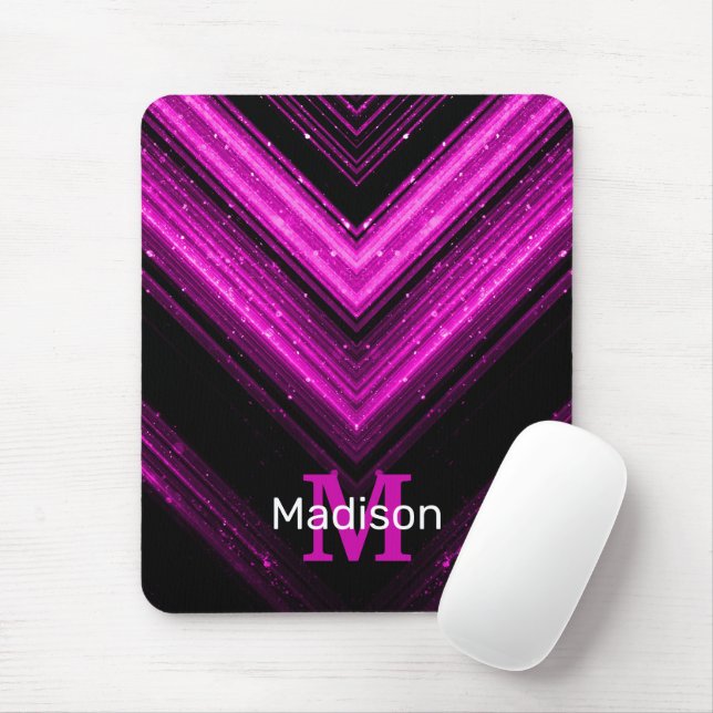 Sparkly metallic hot pink magenta chevron Monogram Mouse Pad (With Mouse)