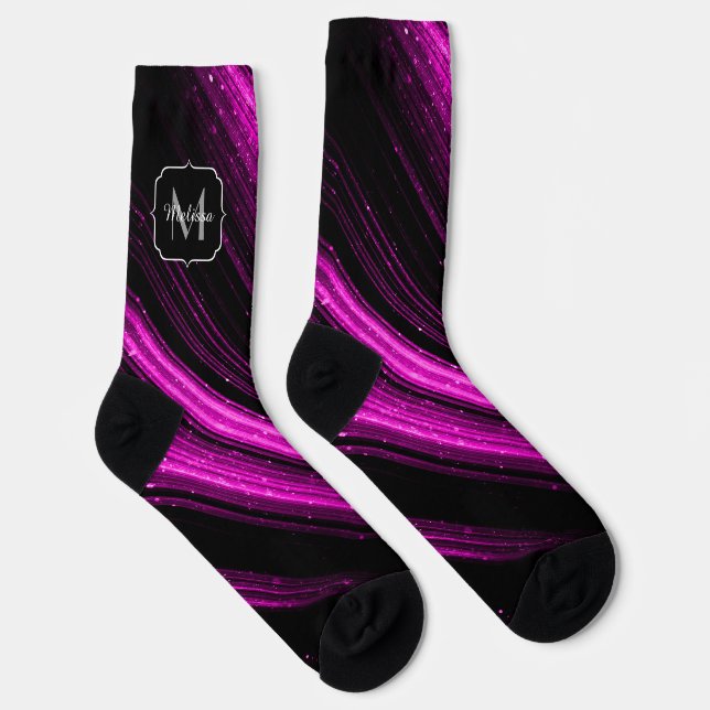 Sparkly metallic hot pink magenta chevron Monogram Socks (Right)