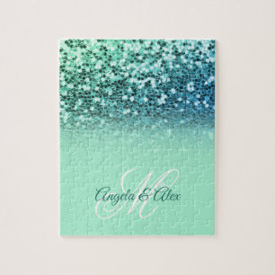 Sparkly Mint Blue Glitter Turquoise Ombre Monogram Jigsaw Puzzle
