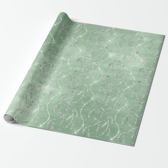 Sparkly Mint Green Laurel Floral Silver Diamonds Wrapping Paper (Unrolled)