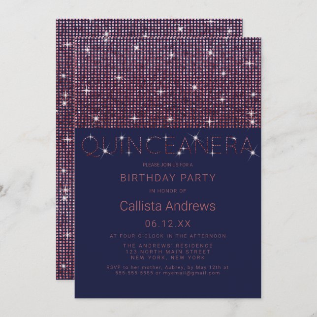 Sparkly Navy Pink Glitter Sequins Quinceañera Invitation (Front/Back)