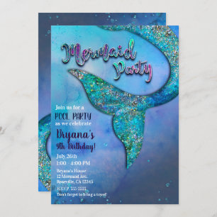 Sparkly Ocean Mermaid Fin Tail Birthday Party Invitation