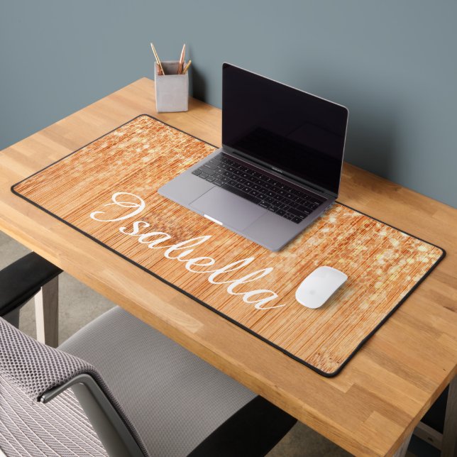 Sparkly orange bamboo wood print custom name desk mat (Office 2)