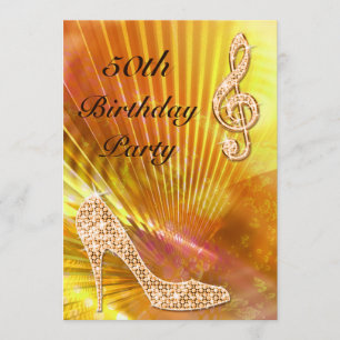 Sparkly Orange Music Note & Stiletto 50th birthday Invitation