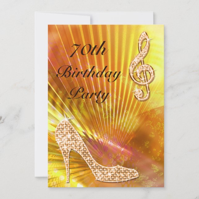 Sparkly Orange Music Note & Stiletto 70th birthday Invitation (Front)