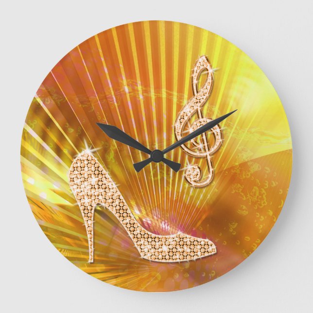 Sparkly Orange Music Note & Stiletto Heel Large Clock (Front)