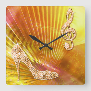 Sparkly Orange Music Note & Stiletto Heel Square Wall Clock