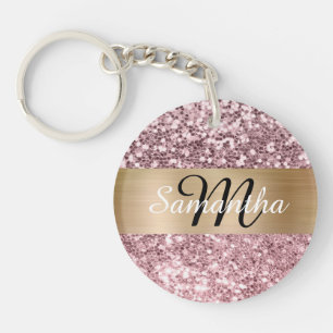 Sparkly Pale Pink Glitter Gold Foil Monogram Key Ring