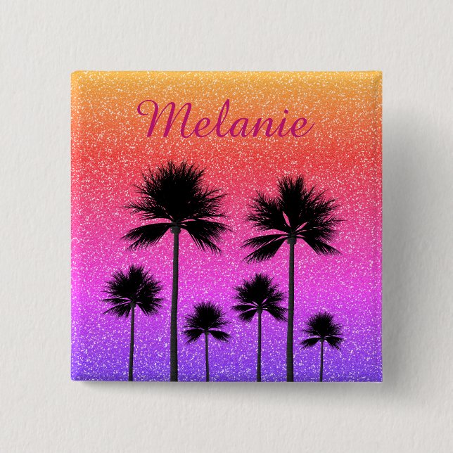 Sparkly Palm Trees Gradient Sunset Personalised 15 Cm Square Badge (Front)