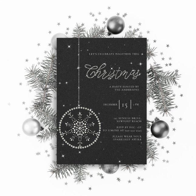 Sparkly Party Rhinestones Glitter Black Christmas Invitation (sparkly glitter christmas party invitation rhinestones bauble snowflake formal black white elegant )