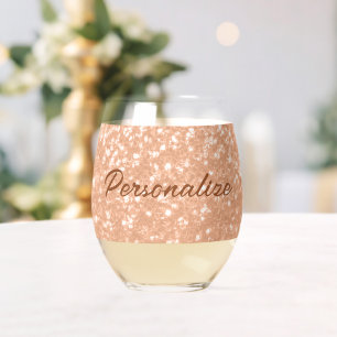 Sparkly peach faux sparkles Custom text Stemless Wine Glass