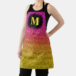 Sparkly Pink and Yellow Gradient Glitter Monogram Apron