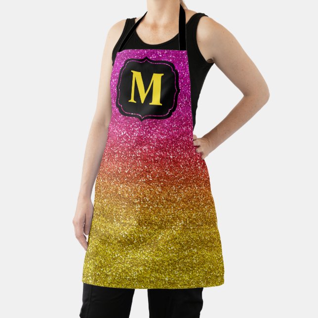 Sparkly Pink and Yellow Gradient Glitter Monogram Apron (Insitu)