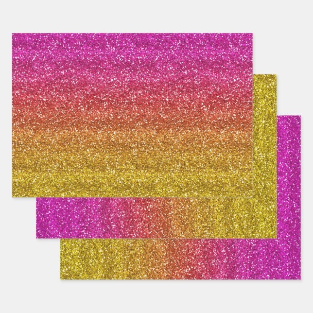 Sparkly Pink and Yellow Gradient Glitter Wrapping Paper Sheet (Set)