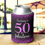 Sparkly Pink & black 50 and fabulous personalised Can Cooler<br><div class="desc">“50 and fabulous.” Be proud, rejoice and usher in 50 with style! This chic, playful, personalised, sparkly pink confetti on a black background can cooler will help make her birthday special. Matching and coordinating invitations, envelopes, labels, paper napkins, paper plates, mugs and other items are also available. A great gift...</div>